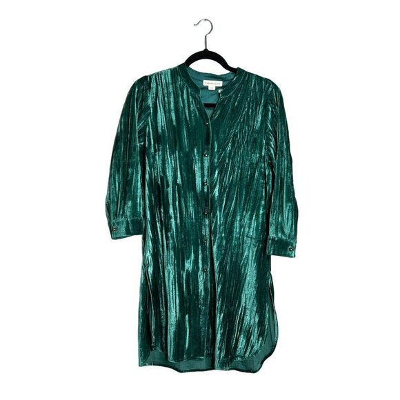 Coldwater Creek Button Front Velvet Velour Green Tunic‎ Top Blouse High Low PS - Picture 1 of 10